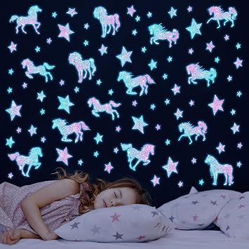 clothmile Glow in the Dark Unicorn Star Wall Decals Style 1 for Girls Room | Blue luminous unicorn and star design for bedroom walls ceilings nurseries and playrooms