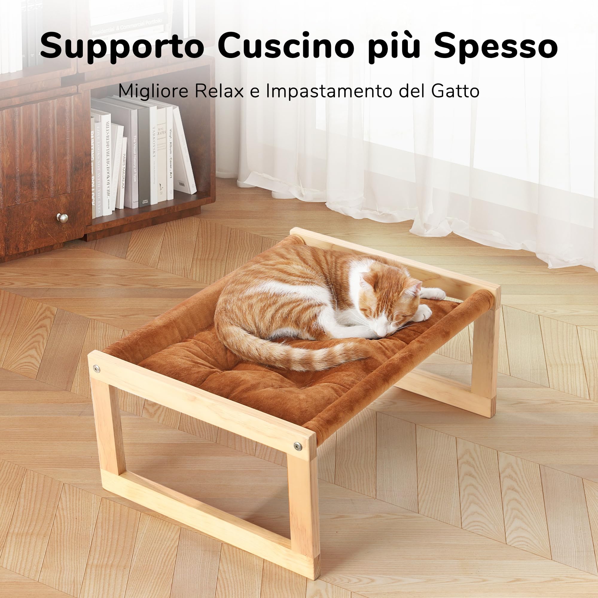 FUKUMARU Cuccia per gatti in velluto felpato per interni, amaca per gattini in legno, 53 x 41 cm, adatta per gatti, cani, conigli, conigli, gattini e piccoli animali, marrone