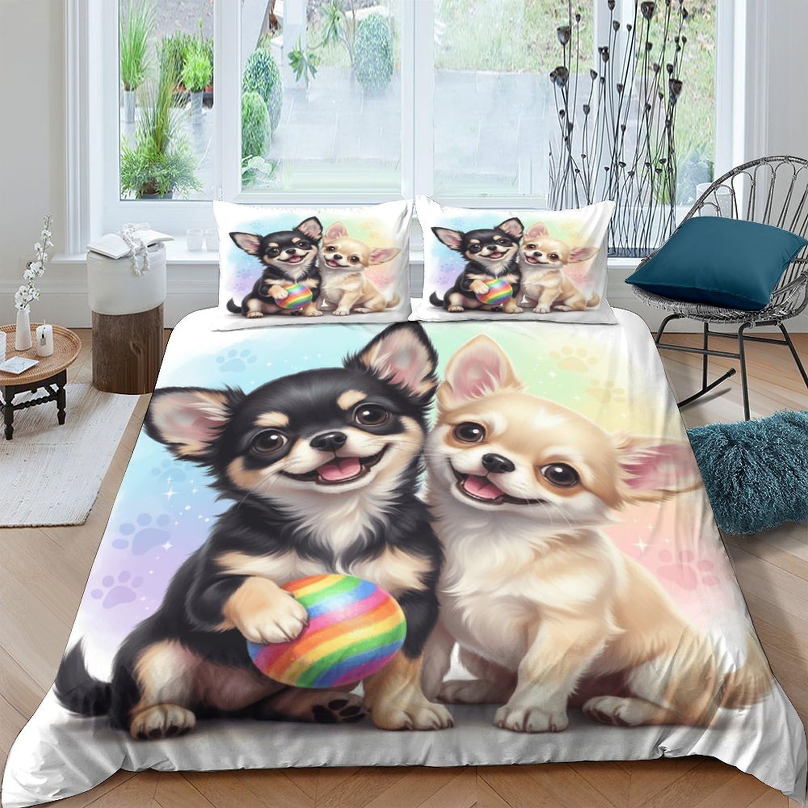 Ctjqhvkz Style-2 3D Printed Cute Black Chihuahua Fitted Sheet Microfiber Pastel Beige Dog Mattress Cover For Bedroom Guest Room Decor Single（135X200cm）
