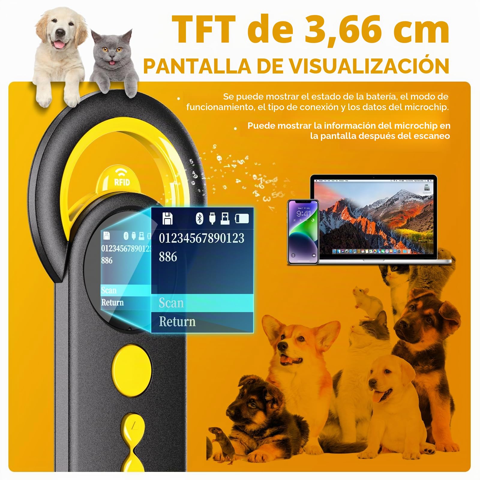 NETUM Lector de Microchip Bluetooth para Mascotas, Escáner Universal Inalámbrico 3 en 1 con Pantalla TFT de 1.45 Pulgadas, Batería Recargable de 1200 mAh, Almacena hasta 20000 Registros (DJ-130)
