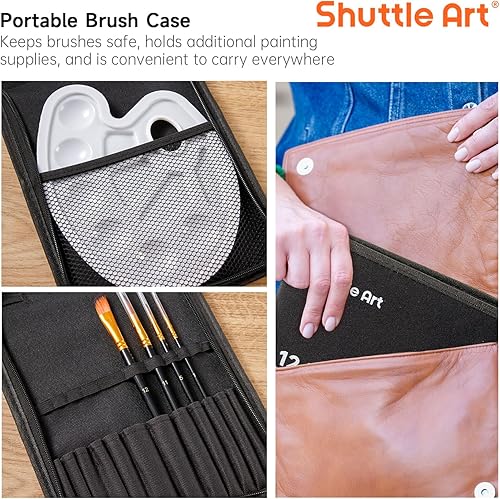 Miniatura 9 de Shuttle Art Juego de 12 pinceles de pintura con estuche, formas y tamaños surtidos para acrílico, acuarela, óleo y gouache, pinceles de artista