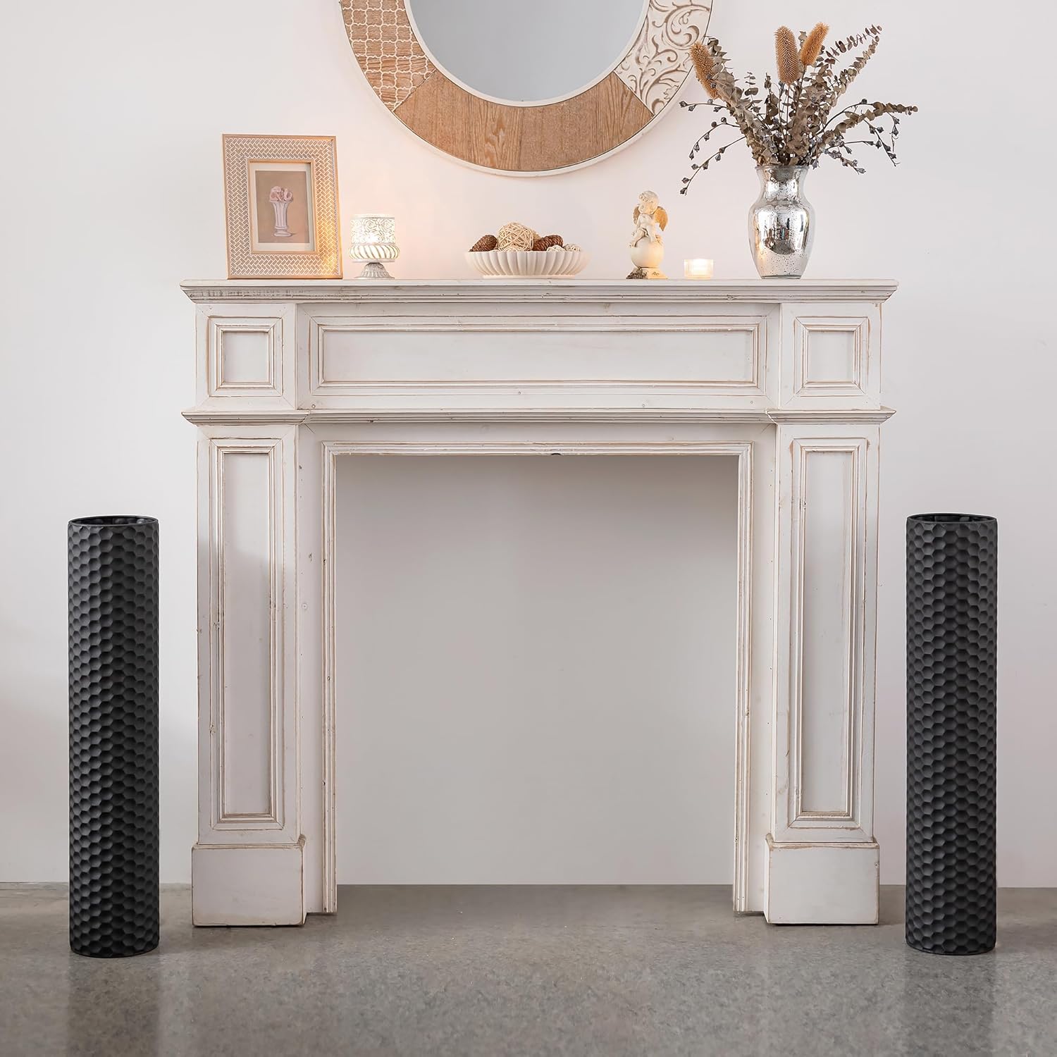 Sziqiqi Black Tall Floor Vase: 27.6in Metal Modern Cylinder Floor Vases for Fireplace with Honeycomb Texture - Set of 2 Large Decorative Vase Home Decor for Living Room Bedroom Home Corner Indoor - Image 9