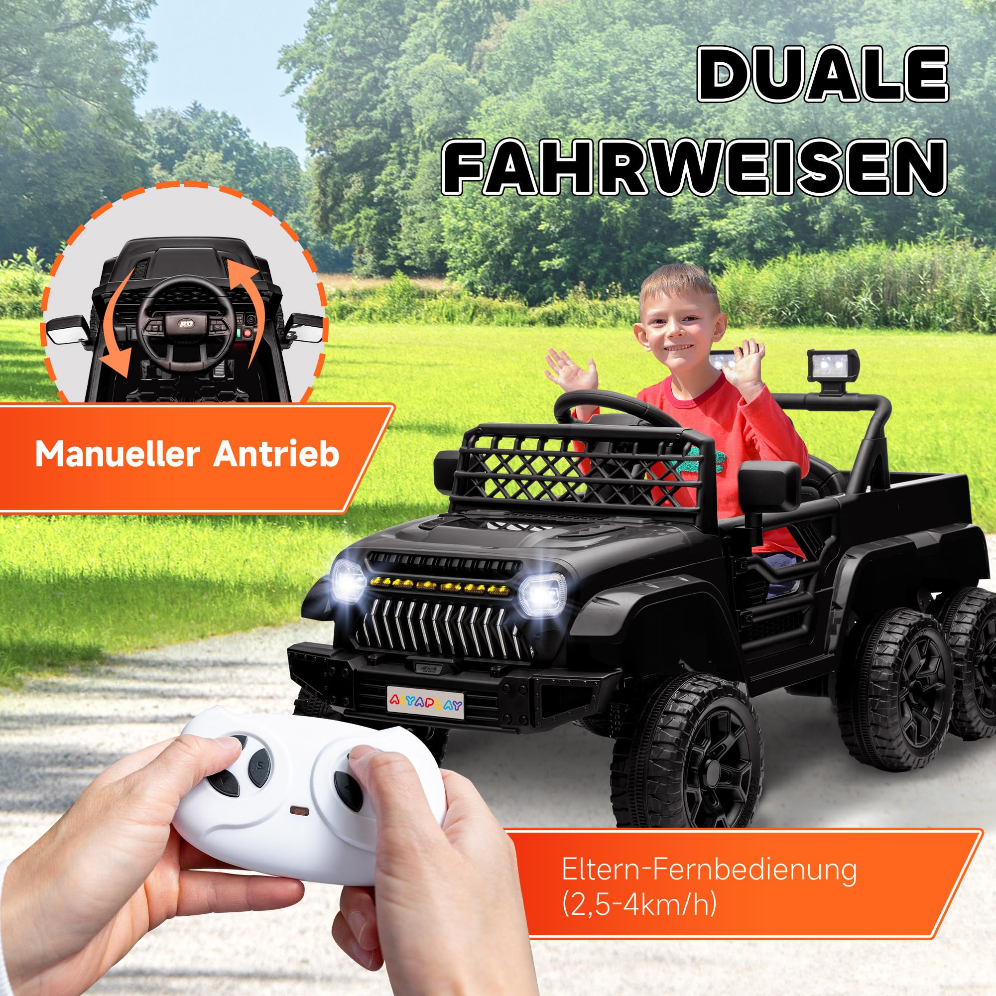 AIYAPLAY Kinder Elektroauto, 12 V Geländewagen mit 2,4G Fernbedienung， Anhänger, 4x4-Antrieb/2x2-Antrieb Kinderfahrzeug mit LED-Lichte, Sanft-Start, Musik, Hupe, 2,5-4 km/h, 3-8 Jahre, Schwarz