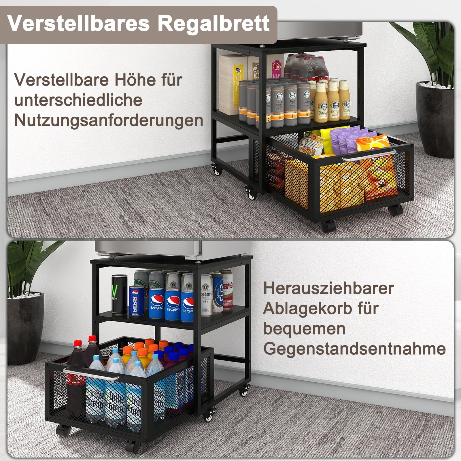 PUNCIA 3-stüfiger Kühlschrankständer auf Rollen Kühlschrankhalter mit Metallkorb Untergestell für Kühlschrank Sockel Unterstand für Gefrierschrank Küche Wohnzimmer Arbeitszimmer Büro Retro