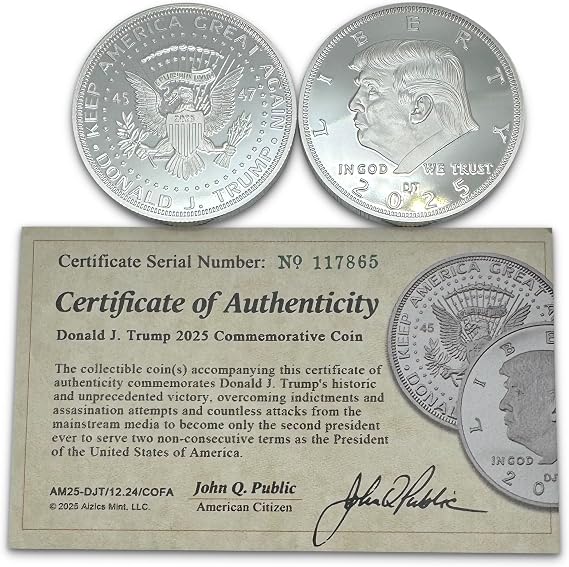 President Donald J. Trump 2025 Silver American Eagle Challenge Coin with Certificate of Authenticity, Oval Office, Trump Coin Collectors Souvenir, Silver Plated, 38mm x 2mm in Protective case