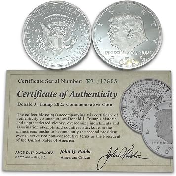 President Donald J. Trump 2025 Silver American Eagle Challenge Coin with Certificate of Authenticity, Oval Office, Trump Coin Collectors Souvenir, Silver Plated, 38mm x 2mm in Protective case