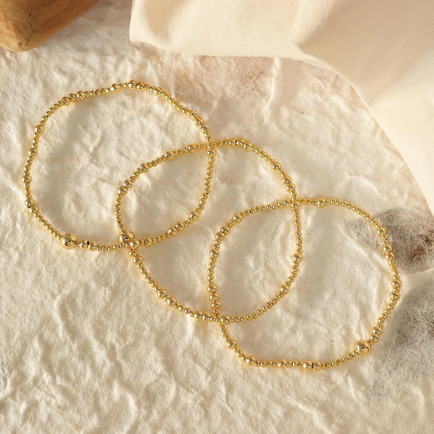 Gold Beaded Stretch Stack Bracelets Set for Women, 3pcs Trendy Stackable Plated Bead Ball Elastic Friendship Enewton Bracelet Holiday Fashion Jewelry Gift - Image 6