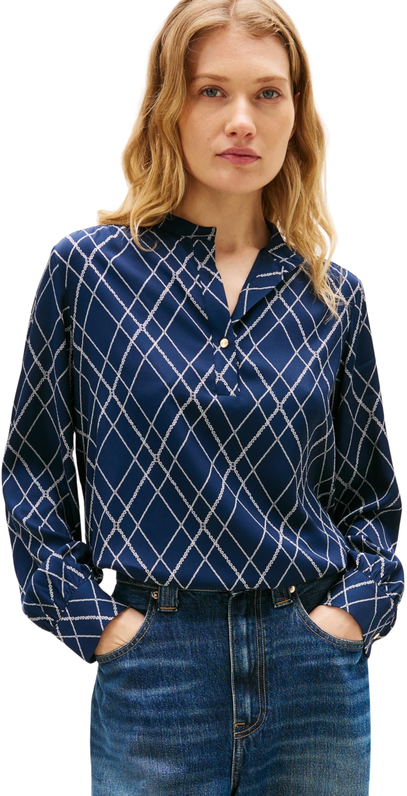 Tommy Hilfiger Bluzka damska VIS Twill V-NK WW0WW48178 L/S bluzki, niebieska (Argyle Print Navy), 44, Niebieski (Argyle Print Navy), 70