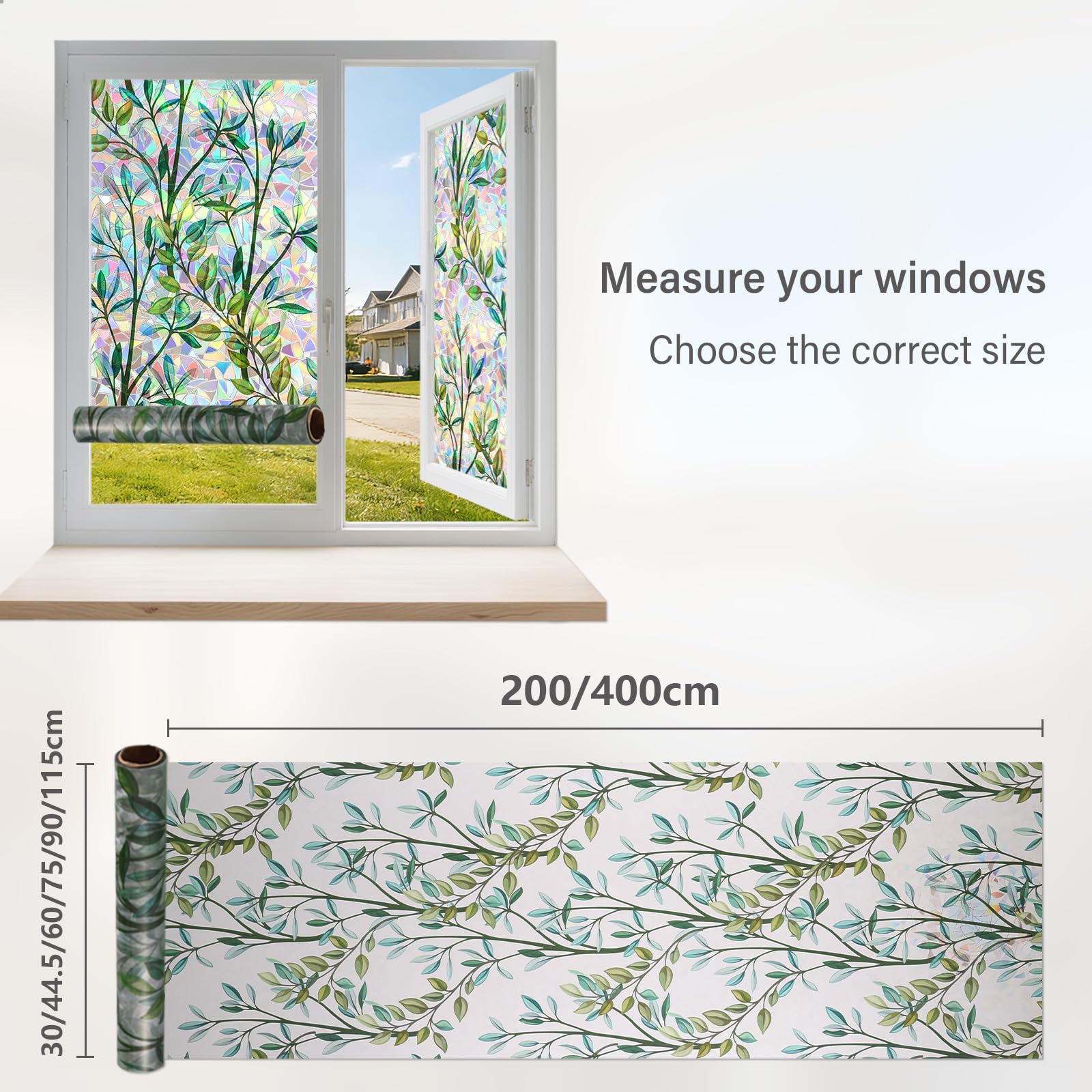 Qualsen Pellicola per Vetri Finestre Pellicole Non Adesiva per Vetri Opaca Decorativa Aderenza Statica Anti-UV Pellicola Privacy Finestre da Casa Ufficio (90 x 200 cm, Striscia Larga
