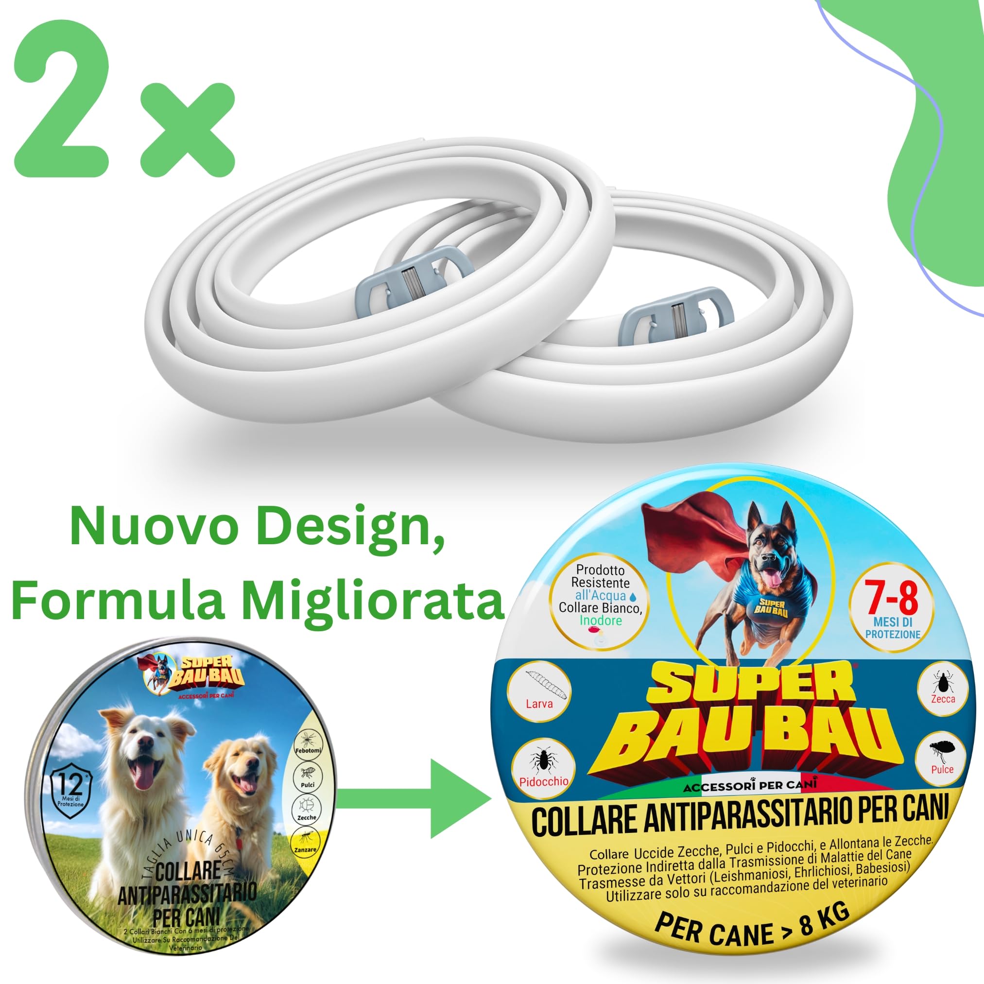 Super Bau Bau 2 Collare Antiparassitario per Cani di Alta Qualità - Antipulci per Cani, Antiparassitario Cani, Antizecche e Anti Zanzare, Impermeabile, Efficace 14 Mesi, 65cm per Cani oltre 8kg