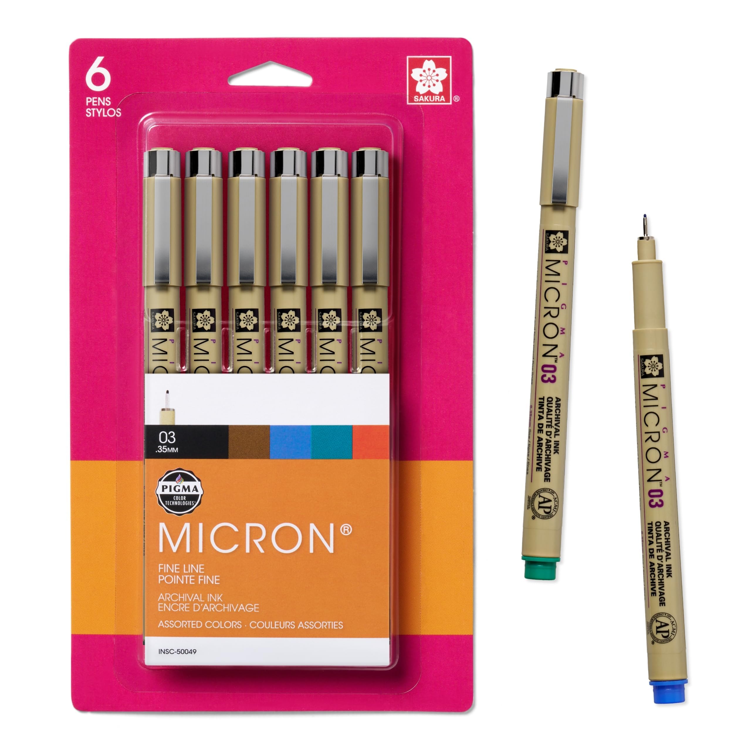 Pigma Micron Fineliner Pens, 03 Tip Size, Archival Ass't Colors, 6 PK 50049