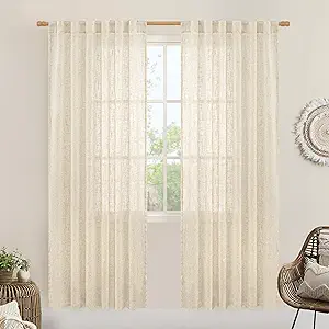 LAMIT Beige Linen Curtains for Doorway Living Room 2 Panels Set, 80 Inch Faux Linen Textured Light Filtering Drapes Back Tab and Rod Pocket Boho Panels for Bedroom/Porch, 52 x 80 Inch
