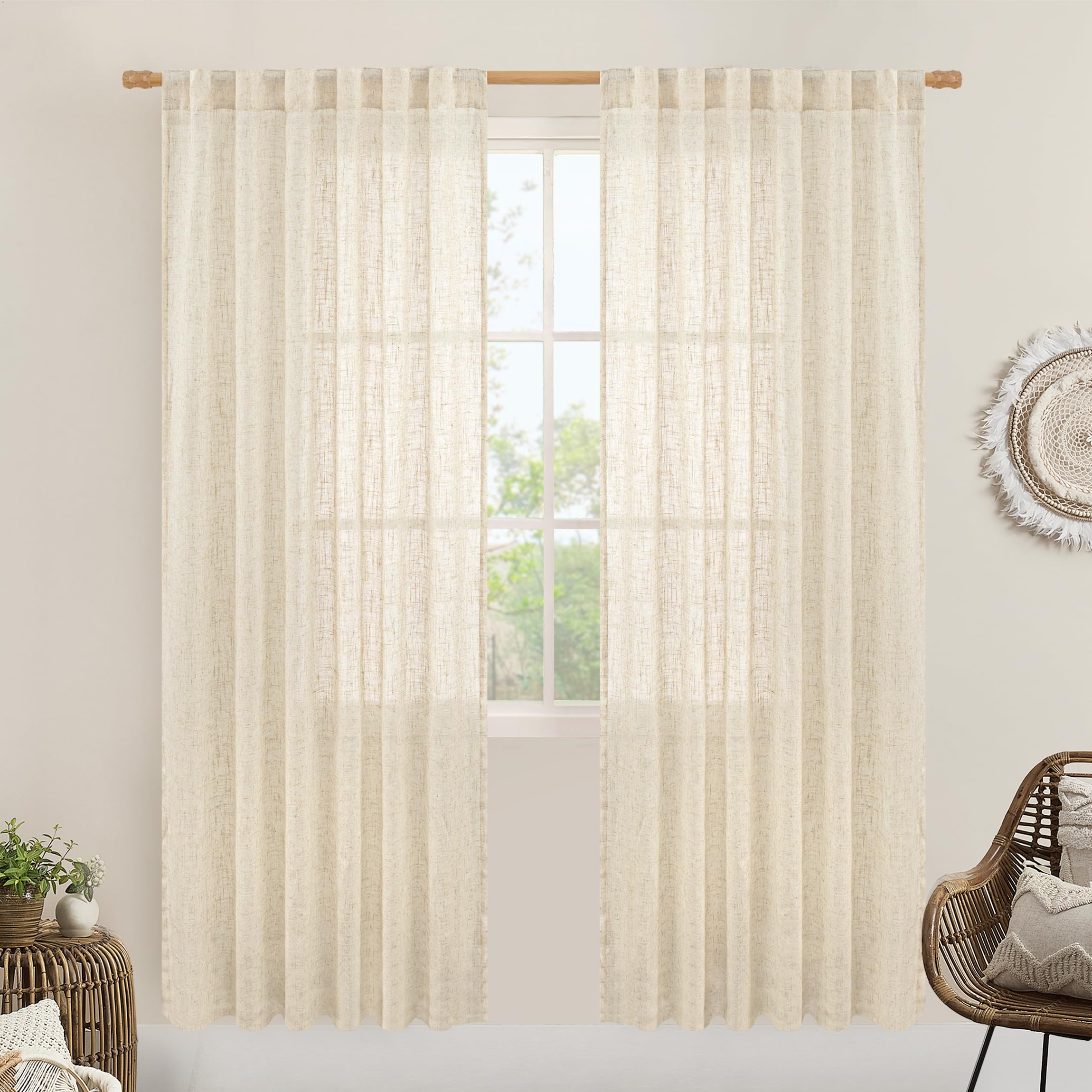 LAMIT Beige Linen Curtains for Doorway Living Room 2 Panels Set, 80 Inch Faux Linen Textured Light Filtering Drapes Back Tab and Rod Pocket Boho Panels for Bedroom/Porch, 52 x 80 Inch โ image 1