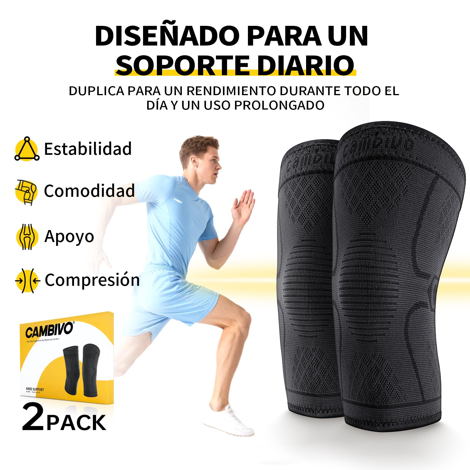 CAMBIVO 2Pcs Rodilleras Gym de Compresion, Rodilleras Menisco y Ligamento, Rodillera Transpirable y Antideslizante para Gym, Voleibol, Baloncesto, Correr, Bicicleta, Unisex - 3