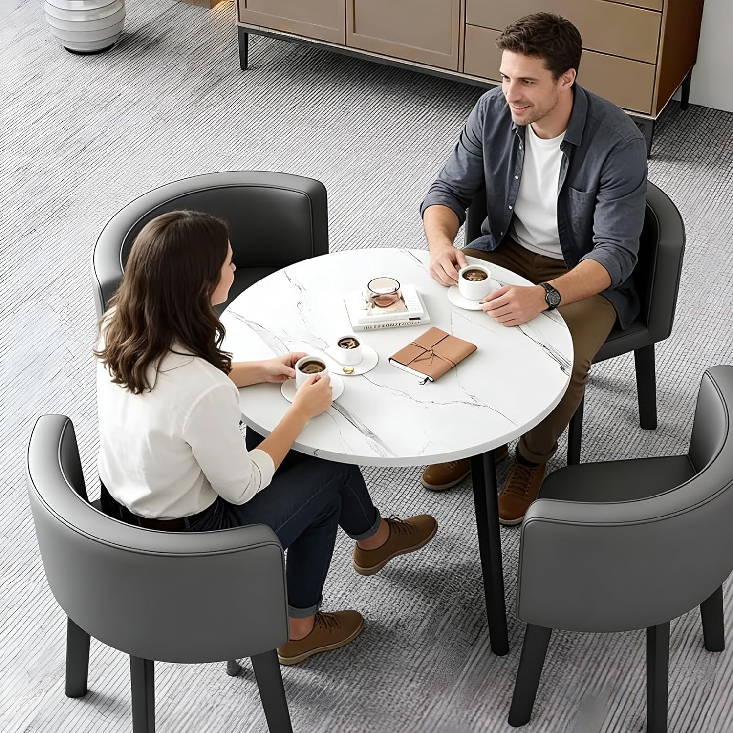 Round Dining Table Set for 4,Office Reception Room Conference Table Chairs,Space-Saving Coffee Kitchen Furniture,for Dinner for Home/Garden/Restauran (Marble White)