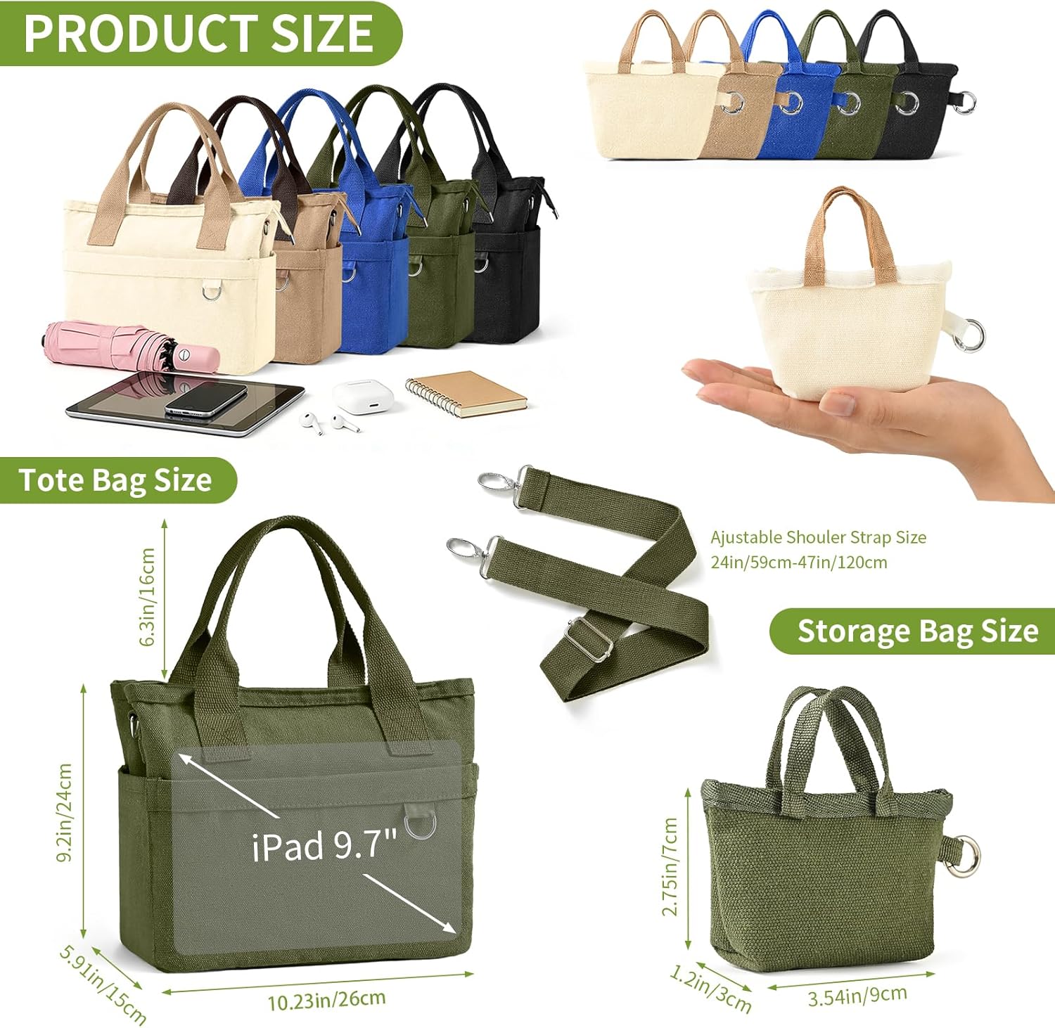 Small Canvas Tote Bag with Multi Pockets, Crossbody Shoulder Bag with Compartments and Zipper, Lightweight Adjustable Tote - Image 5