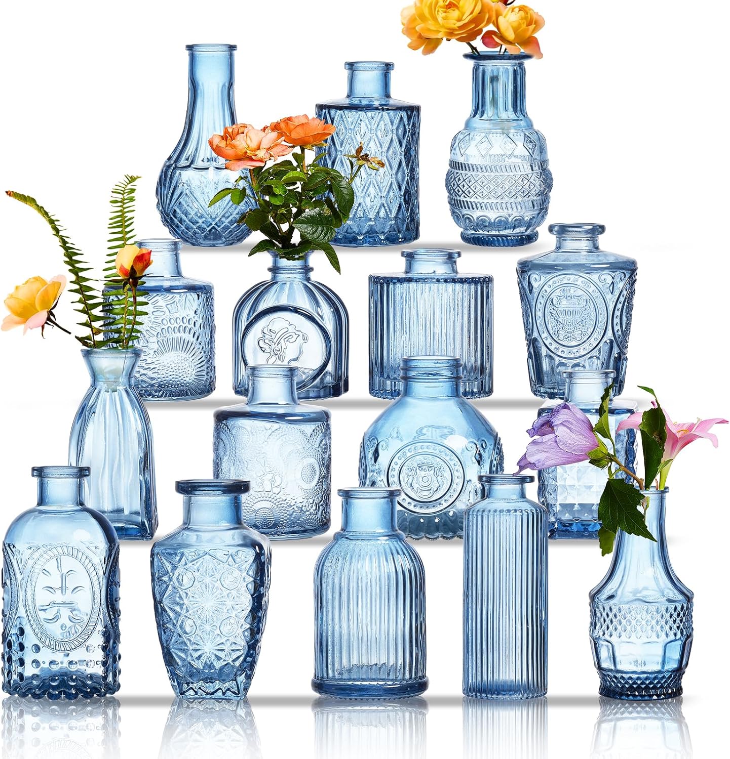 Glass Bud Vases Set of 16 - Blue Assorted Small Mini Glass Vases for Flowers, Crystal Vintage Vase Set, Bulk Centerpieces for Table Décor, Wedding, Home and Events (Blue, 16 Pcs) Blue 16 Pcs
