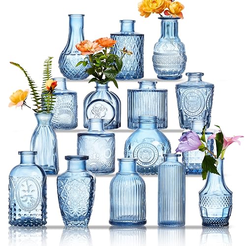 Glass Bud Vases Set of 16 - Blue Assorted Small