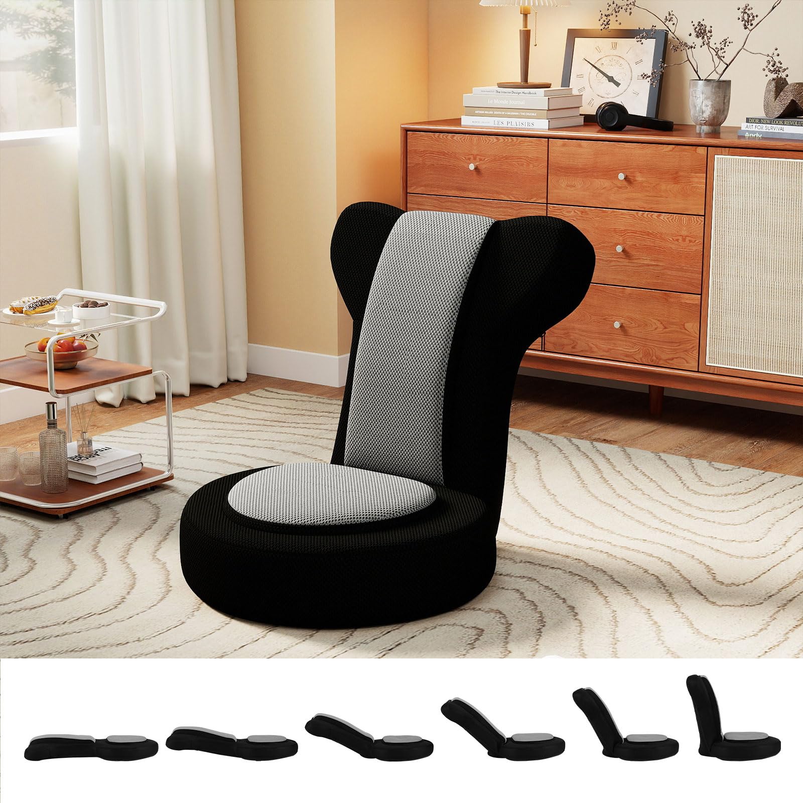 GOPLUS Fauteuil de Sol avec Appui-tête et Dossier Réglables, Assise Rembourrée en Mousse, Chaise Canapé Paresseuse Pliable pour Méditation, Lecture, Jeu,Charge 140 KG (Gris)
