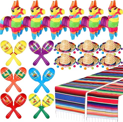 Miniatura 8 de Libima 26 piezas de decoración mexicana para fiestas, incluye 6 piñatas de burro, 12 maracas grandes para fiestas, 2 caminos de mesa de serape