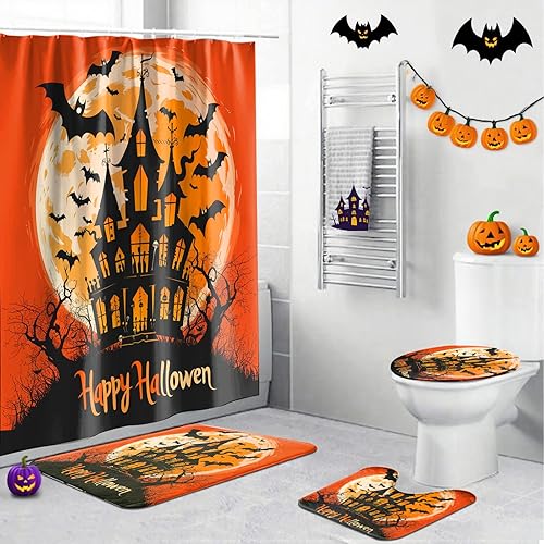 Juego de 4 cortinas de ducha de Halloween, juego de baño de Halloween con cortina de ducha y alfombras, cubierta de tapa de inodoro, cortina de