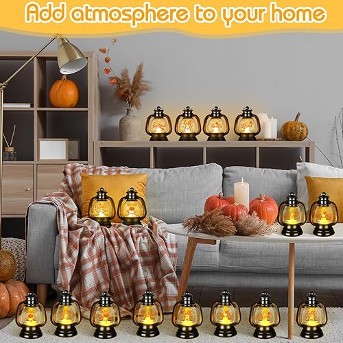 Miniatura 4 de Ferraycle 12 mini faroles decorativos de otoño de 4 pulgadas, adornos colgantes de Acción de Gracias, pequeña linterna de calabaza de otoño a granel