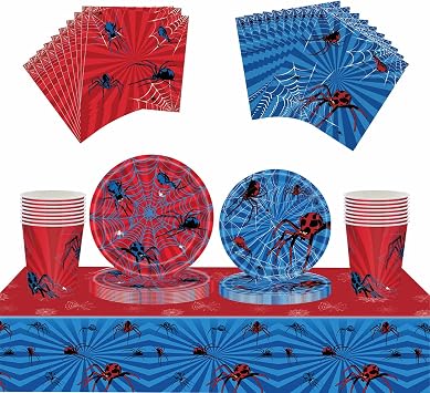 69Pcs Red Blue Spider Birthday Party Tableware Decorations ,Table Cloth,7inch 9inch Paper Plates,Paper Napkins and Cups for Boy Birthday Favors