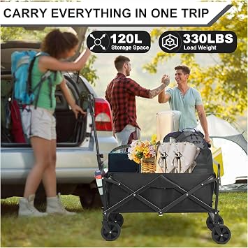 Foldable Market Trolley, 150 kg Carrying Capacity, Sturdy Steel Body, Thick Wheels with Brake System, Waterproof Design, 360 Degree Maneuver, Wagon Carrying Trolley For Camping, Beach, Market