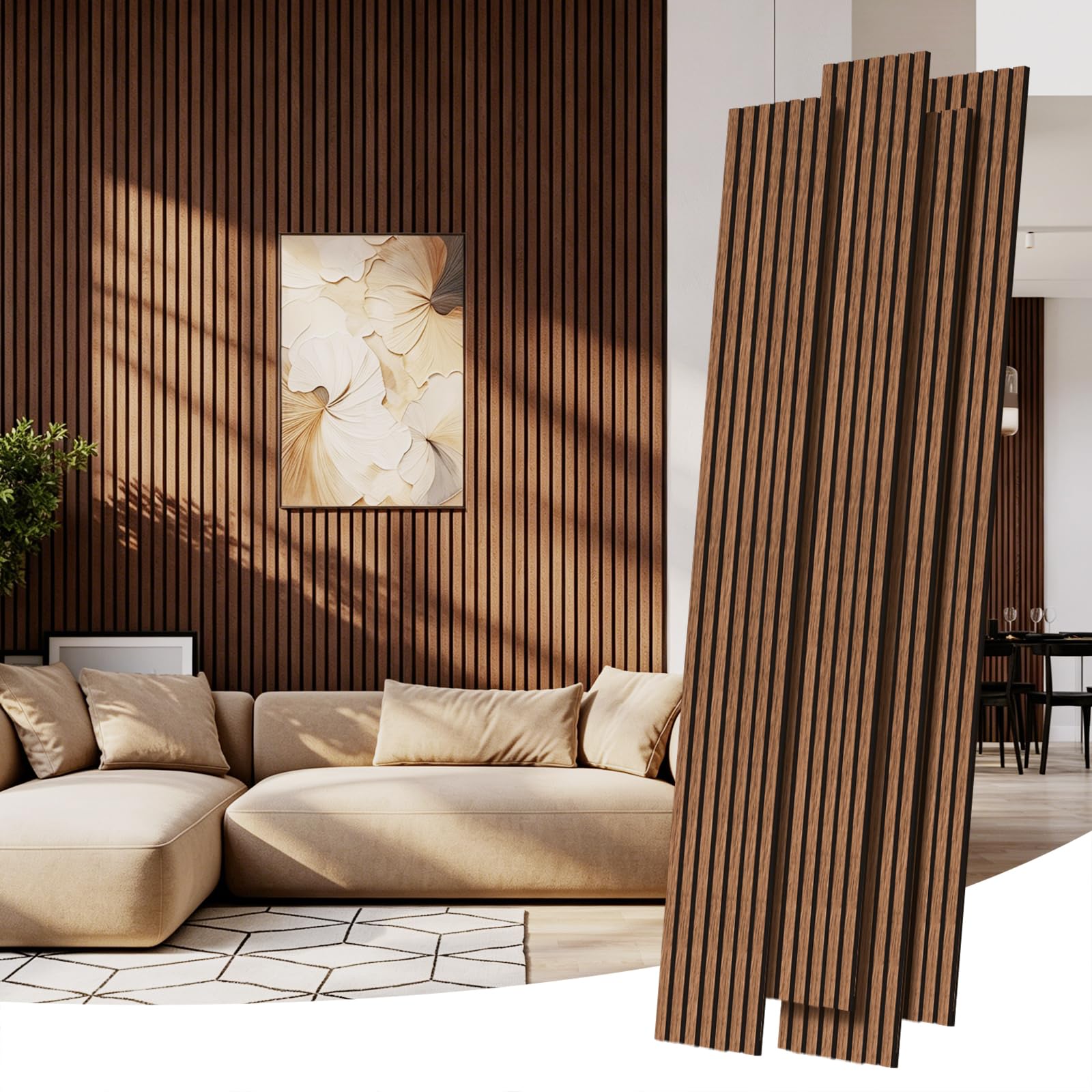 Photo 1 of RITOLLO Wood Panels for Wall, Acoustic Wall Panels 92.5 x 11 in, 4 Pack, 3D Wood Slat Sound Absorbing Panels for Interior Wall Decor, Home Office Studio (Walnut)