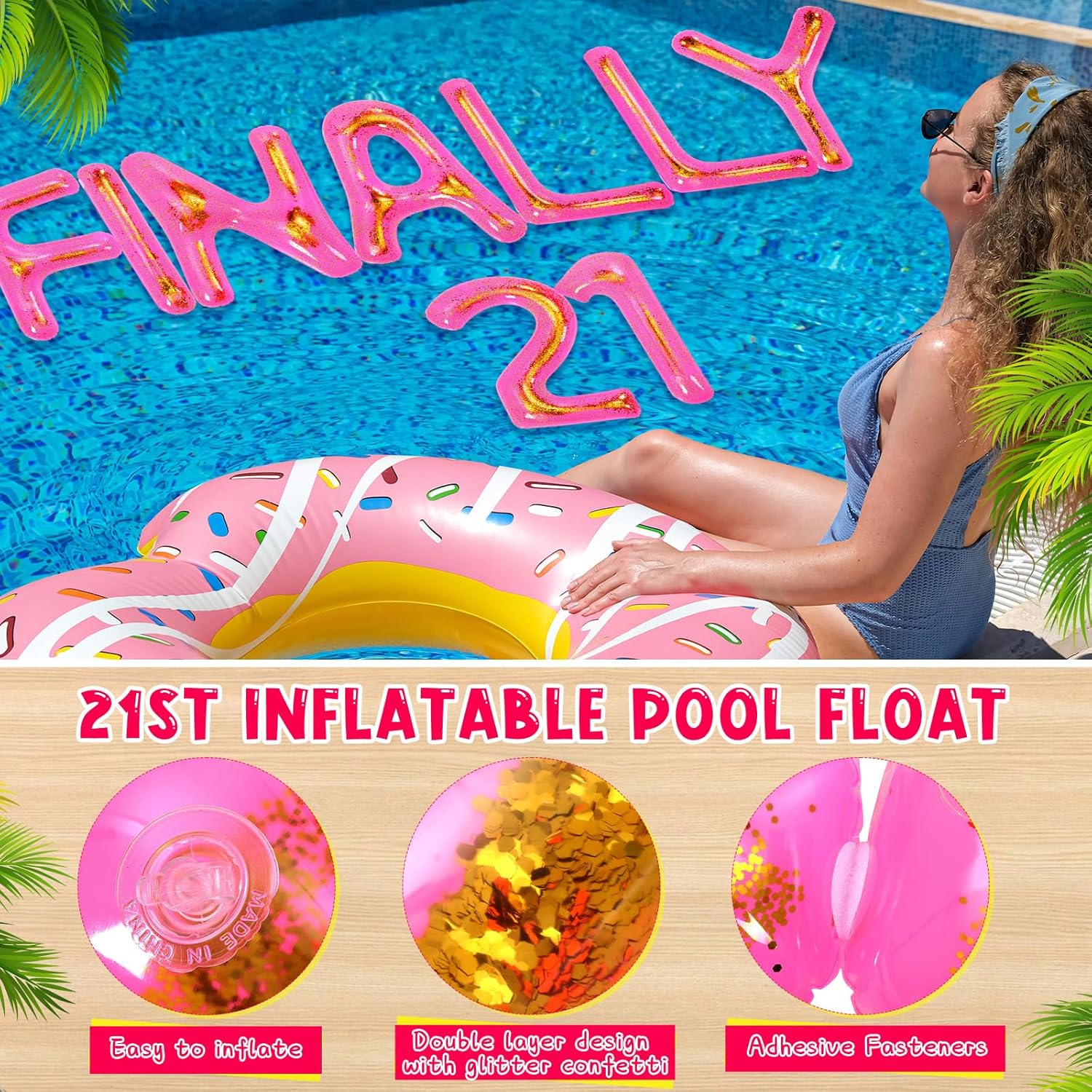 VioraWhite 9 Pcs 20" Finally 21 Pool Floats with Adhesive Dots 21st Birthday Party Large Inflatable Floating Letter Set Pink Pool Decorations for Summer Birthday Party Supplies