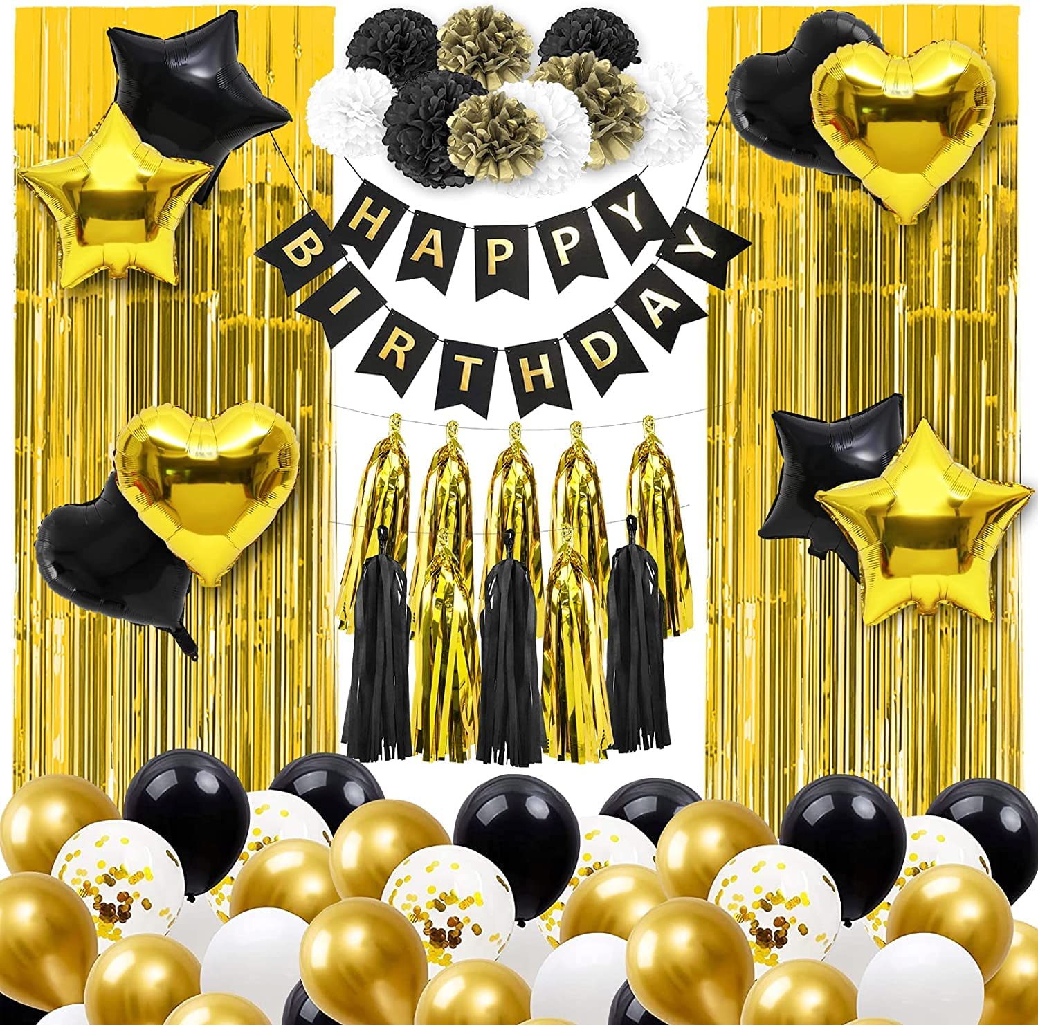 MQUPIN Happy Birthday Party Decorations, 66 Pcs Black Gold Birthday Balloon Decoration, Happy Birthday Banner, Foil Fringe Curtain,For Boys Girls Men Women 30th 40th 50th Balloons Birthday Party Set