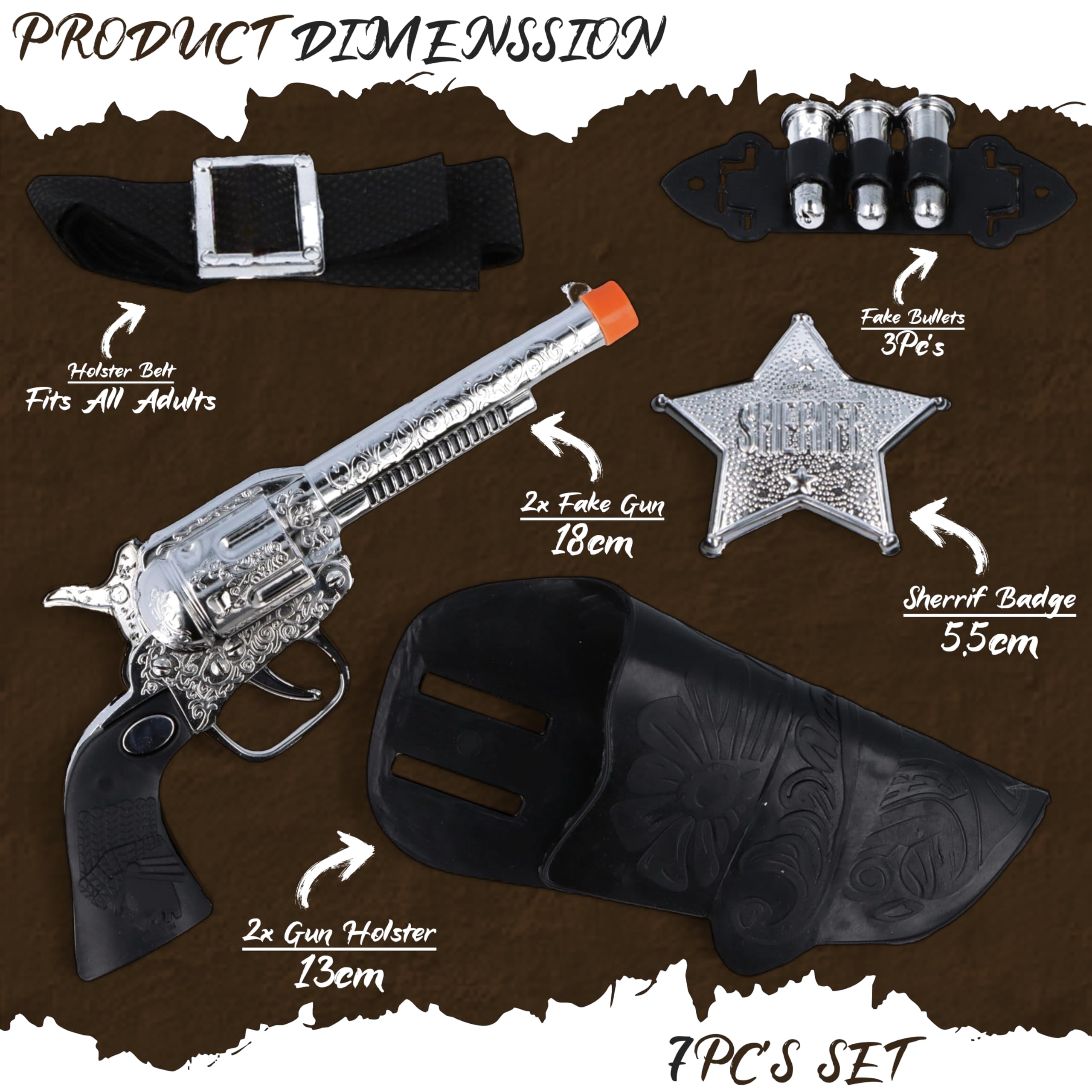Western Wild West Cowboy Sheriff 7-Piece Accessory Set including 2x Toy Gun with Holster + Belt + Bullets + Badge - Image 2