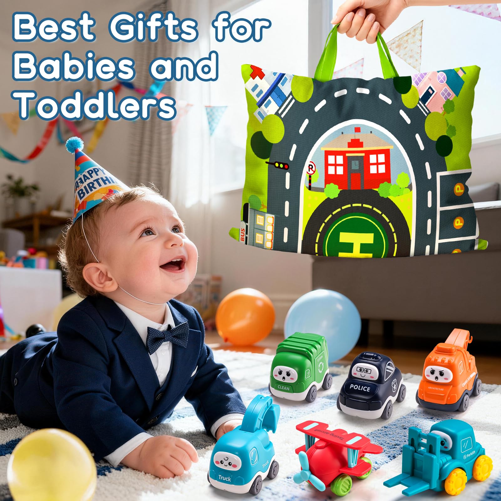 lerrbo 6 PCS Cartoon Lastwagen Auto Spielzeug mit Kräne/Spielmatte/Aufbewahrungstasche|Spielzeug ab 1 Jahr|Babyspielzeug für 1+ Jahre Alten Jungen|Geschenk 1 Jahr Junge