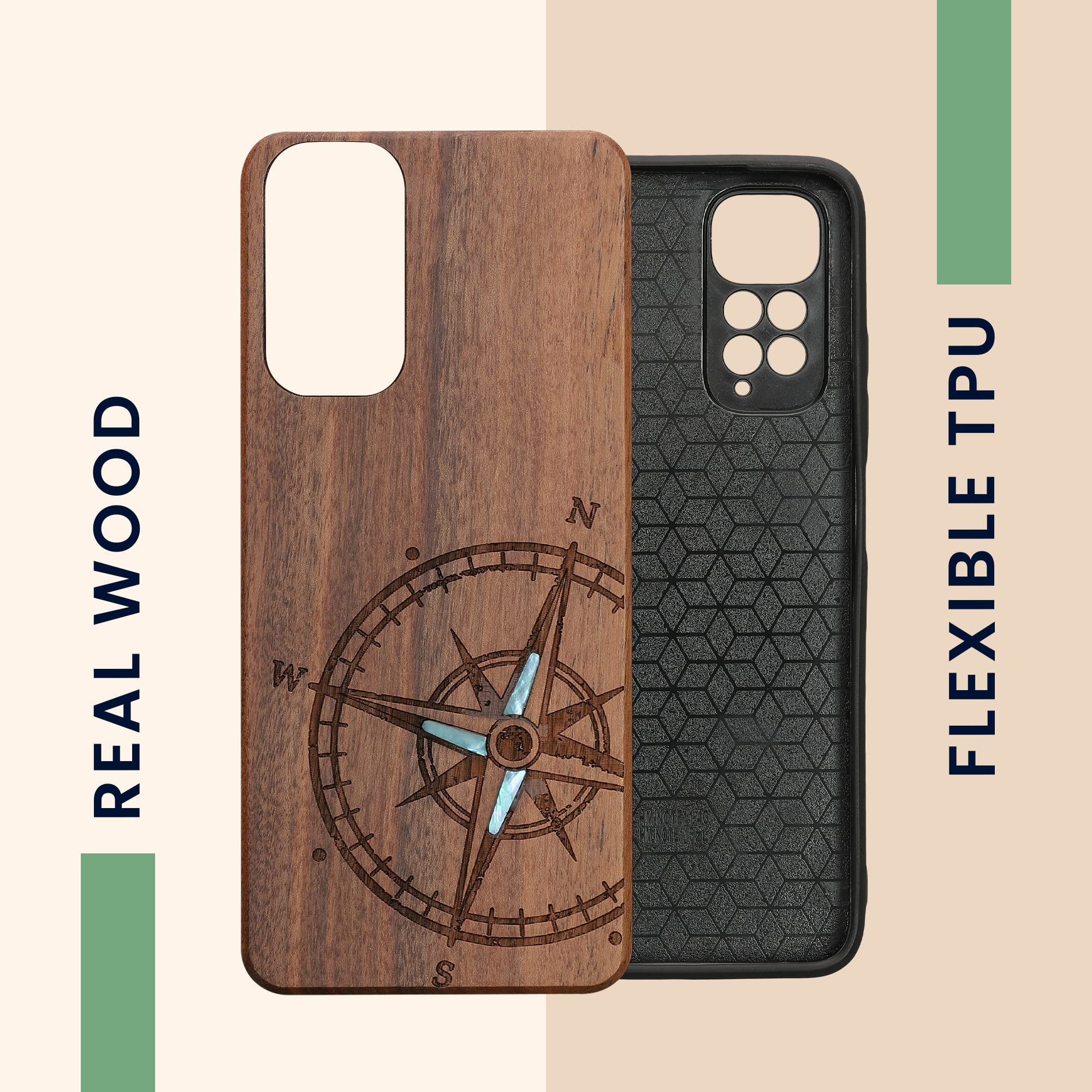 Kwmobile Cover In Legno Per Xiaomi Mi 11 - Retro Rigido Con Bumper TPU - Design Bussola Vintage Marrone Scuro - 3