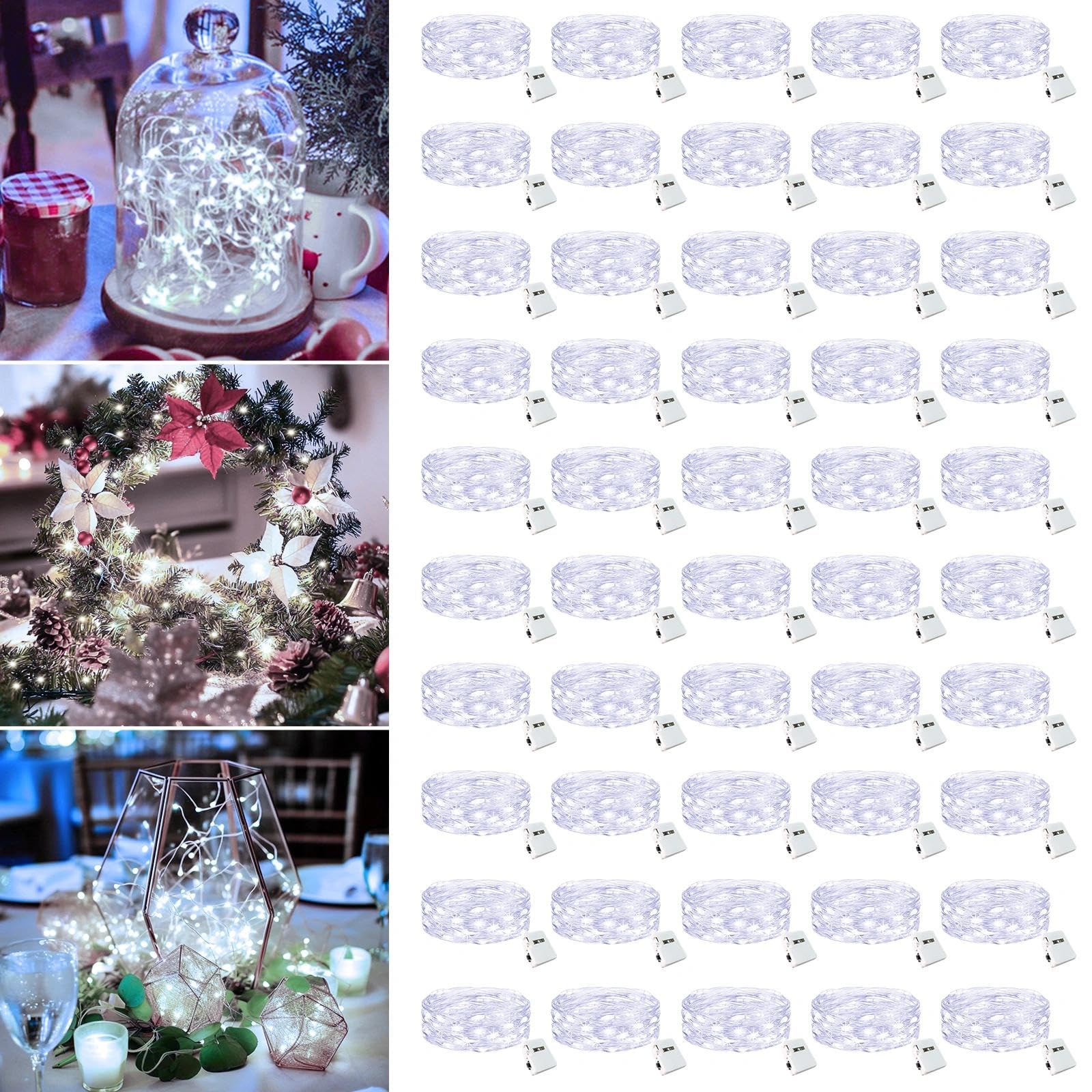 50 Pack Fairy Lights Battery Operated - 7ft 20 Led Twinkle Lights 3 Modes, Bulk Mini String Lights Waterproof for Mason Jars Vases DIY Party Wedding Decoration Christmas -Cool White