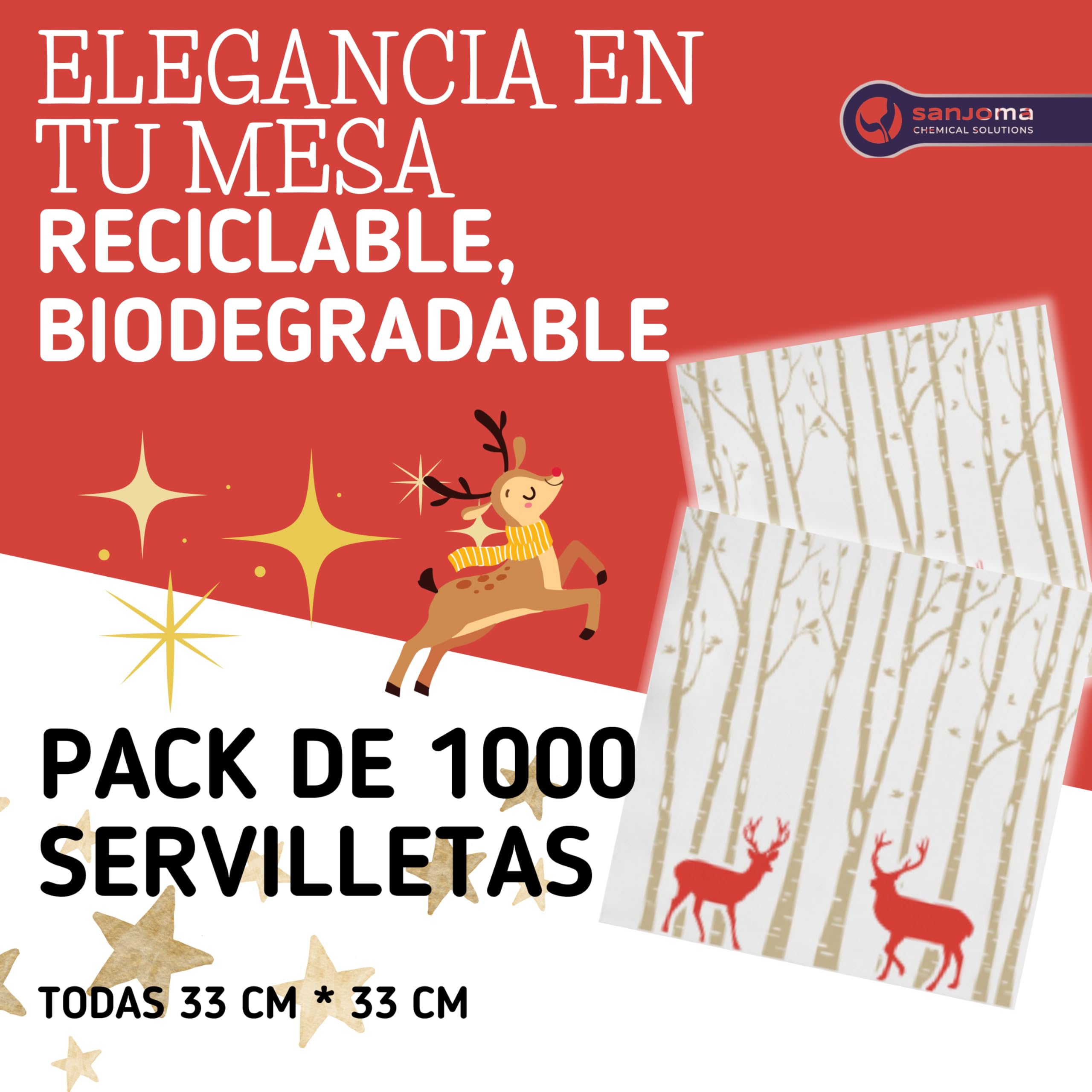 SANJOMA | 1000 Servilletas Double Point | Decoración Navidad, Impresión Renos | 33 x 33 cm | Tissue Doble Punto | Regalos