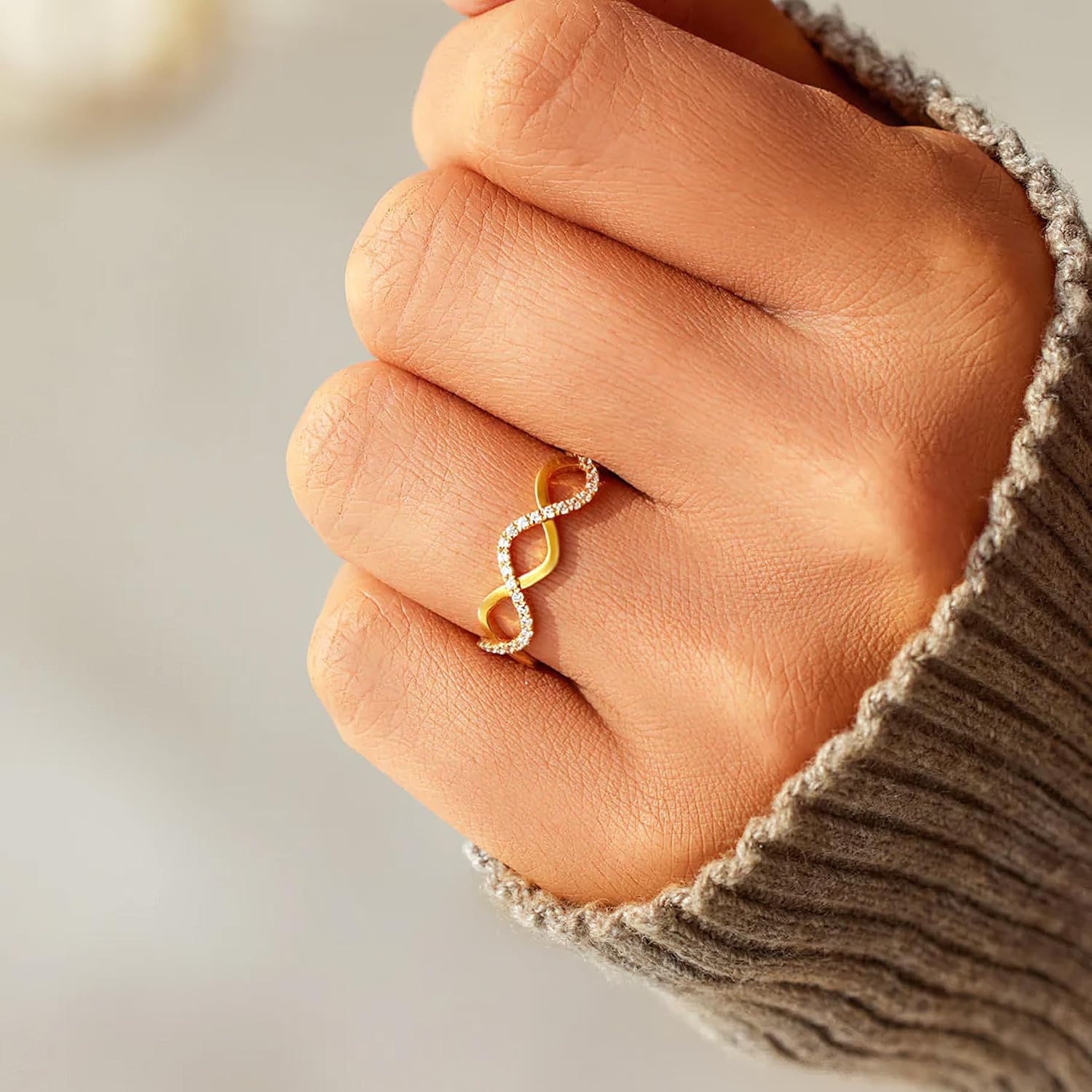 Wave Rings for Women, 925 Sterling Silver Infinity Knot Mother Daughter Friendship Ring 14K Gold Plated Cubic Zirconia Self Reminder Ring Birthday Mothers Day Gifts