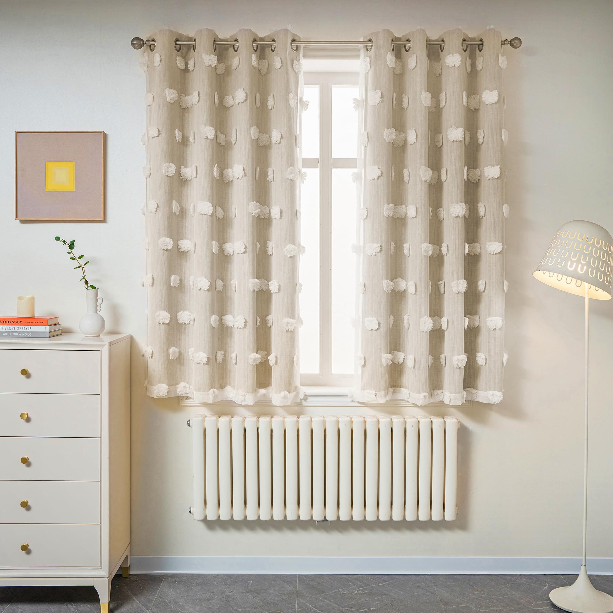 MYSKY HOME Beige Curtains for Bedroom 63 Inch Long Double Layer Curtains for Kids Room Kithen Beige Pom Pom Sheer Nursery Curtains Grommet Room Darkening Window Curtains 2 Panels Set, 52 x 63 Inch