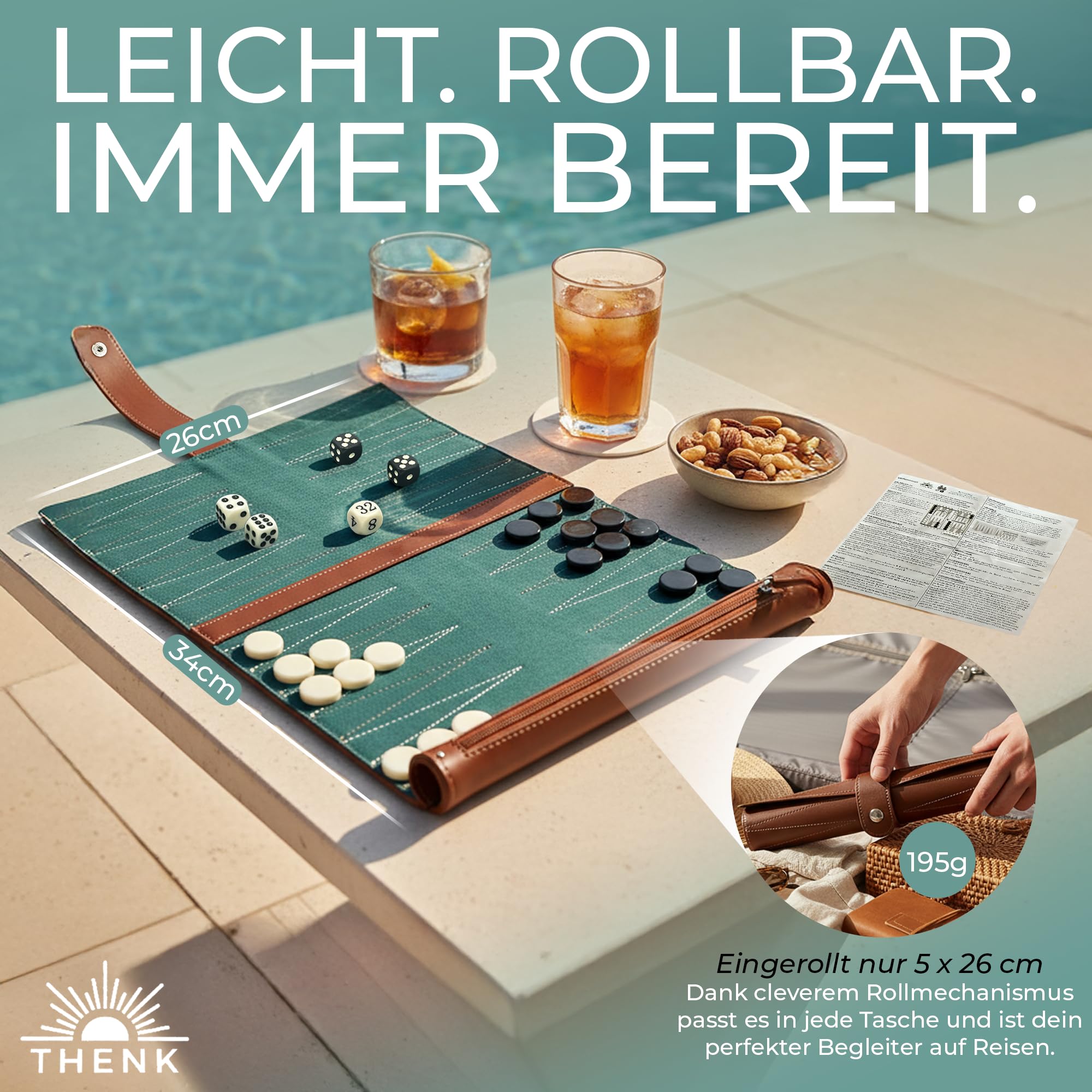 THENK Reise Backgammon – Edles Rollbares Backgammon Spiel aus Premium Kunstleder – Kompaktes Reisespiel mit Spielsteinen & Würfeln – Leicht und perfekt für Urlaub & Outdoor
