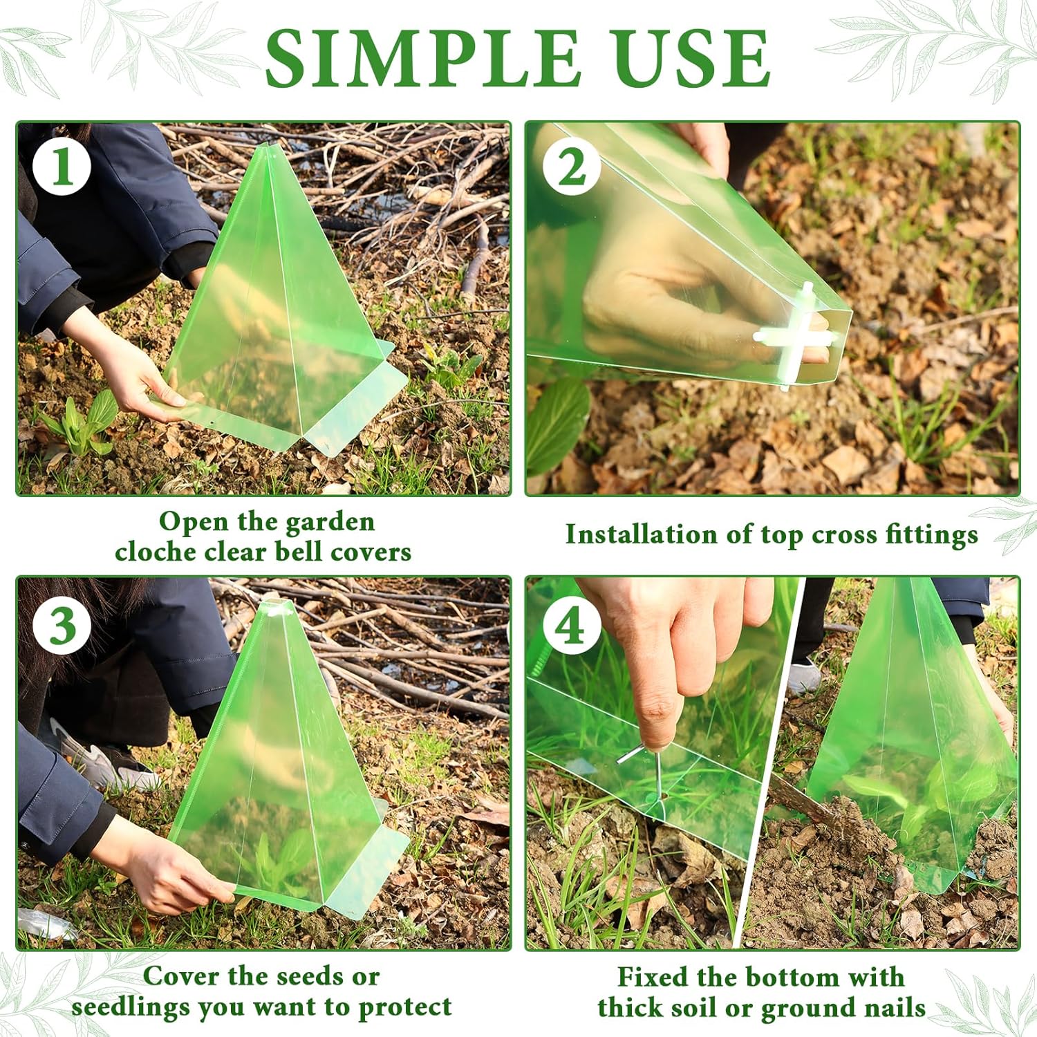 Garden Cloches, 30 Pack Plastic Small Plant Seedling Protector, Reusable Green Clear Bell Covers with 60p Ground Securing Peg, 7.8" x 11" Green Mini Greenhouse to Protect Plants from Birds, Slugs, Sun