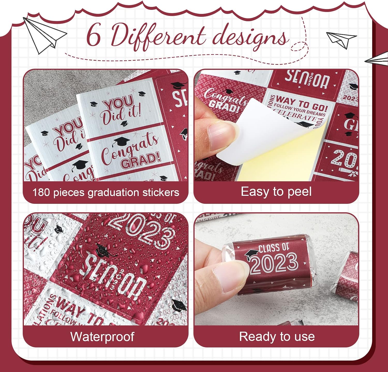 Graduation Decoration Label Sticker Congrats Mini Candy Bar Wrapper Class of Party Supplies for High School College Nursing Grad Celebration, Candy Not Included (Maroon and White 2023, 90 Pcs)