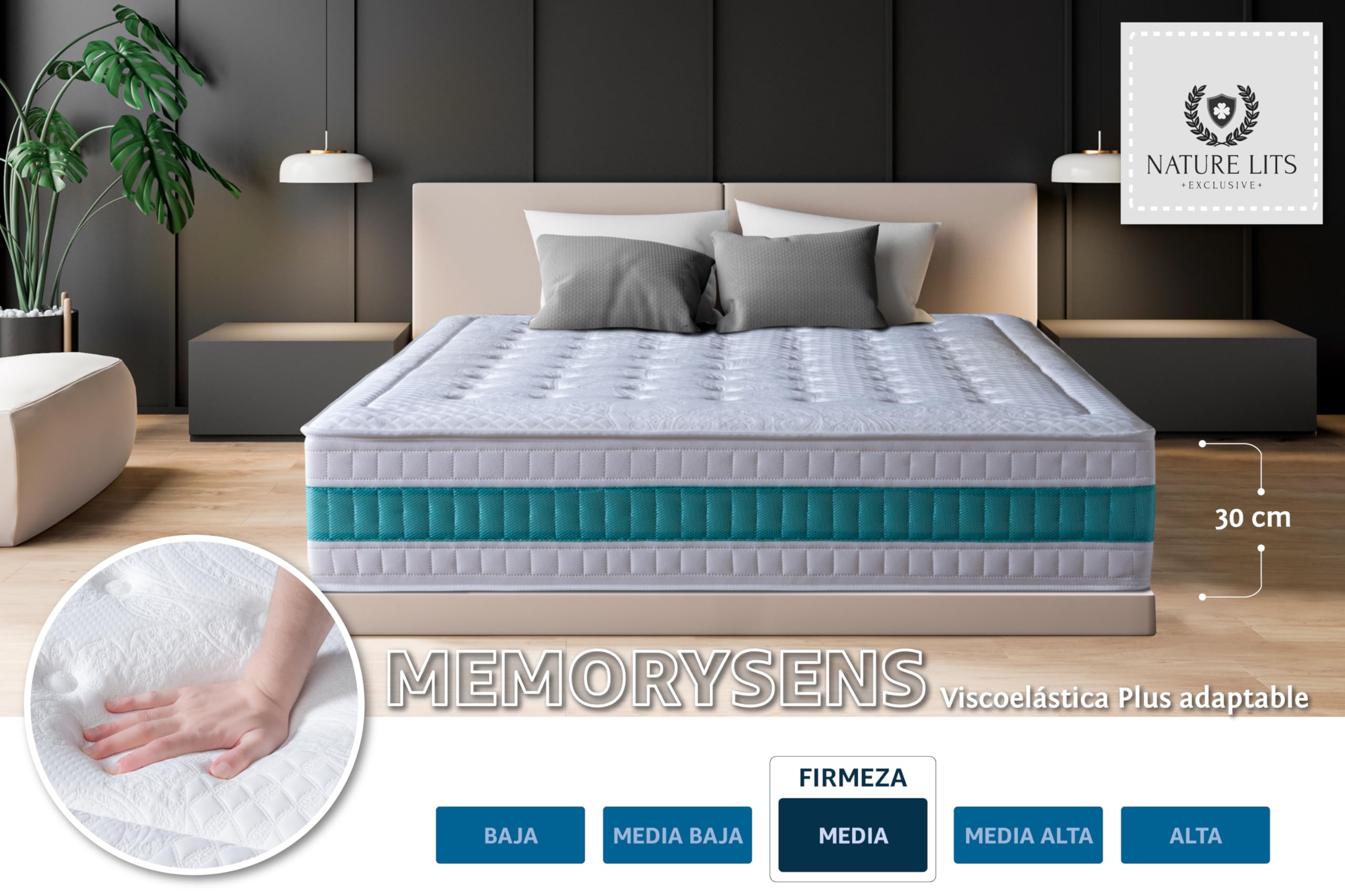 Colchones 135x190 Dual Invierno/Verano Enrollado. Hipoalergénico, Antiácaros y Transpirable. Núcleo de Muelle Ensacado. Firmeza Media. Color Gris. Serene Hybrid Altura 30 cm