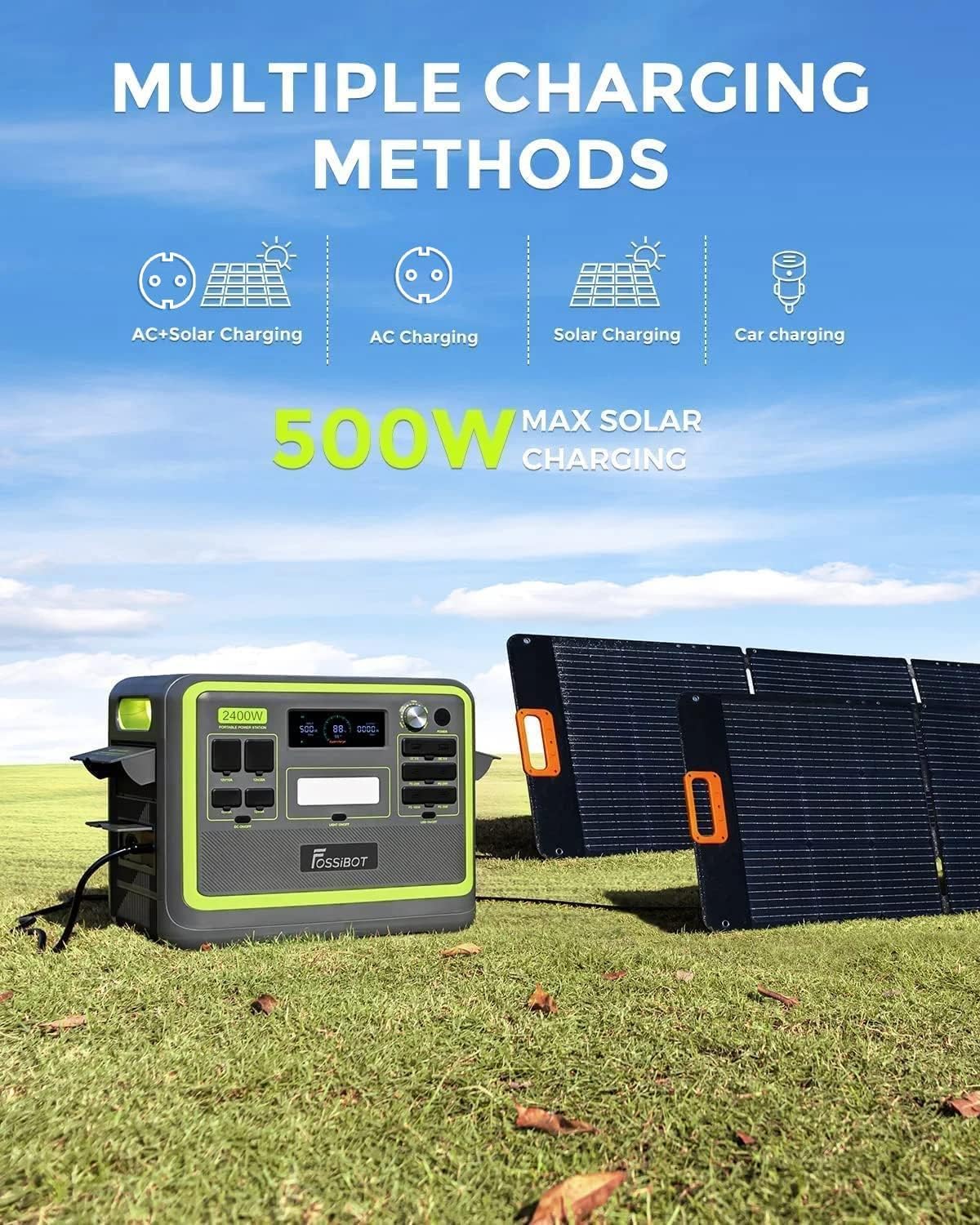 FOSSiBOT F2400 Generatore Solare con Pannelli Solari da 420 W, Batteria LiFePO4 da 2048Wh con Uscita da 2400 W, Ricarica Rapida di 1,5 ore, Centrale Elettrica Portatile per Campeggio e Camper