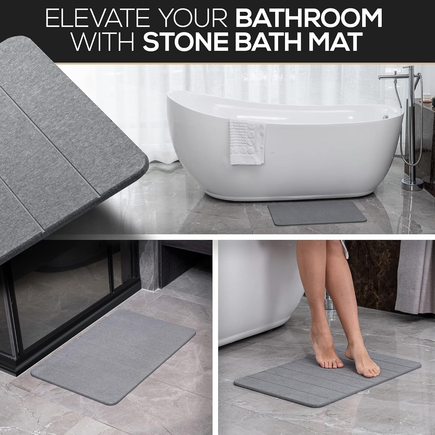 della Premium Stone Bath Mat - Luxurious Quick Drying Diatomite Bathstone for Bathroom Floor - Modern Super Absorbent Diatomaceous Earth Shower Mat, Water Absorbent Bathmat (Stripes)