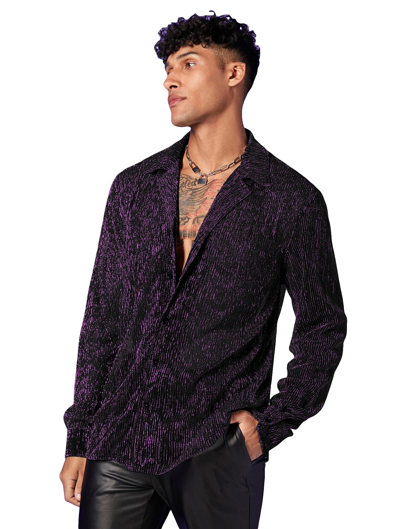 WDIRARA Men's Sheer Mesh See Through Glitter Button Front Long Sleeve Shirt Tops