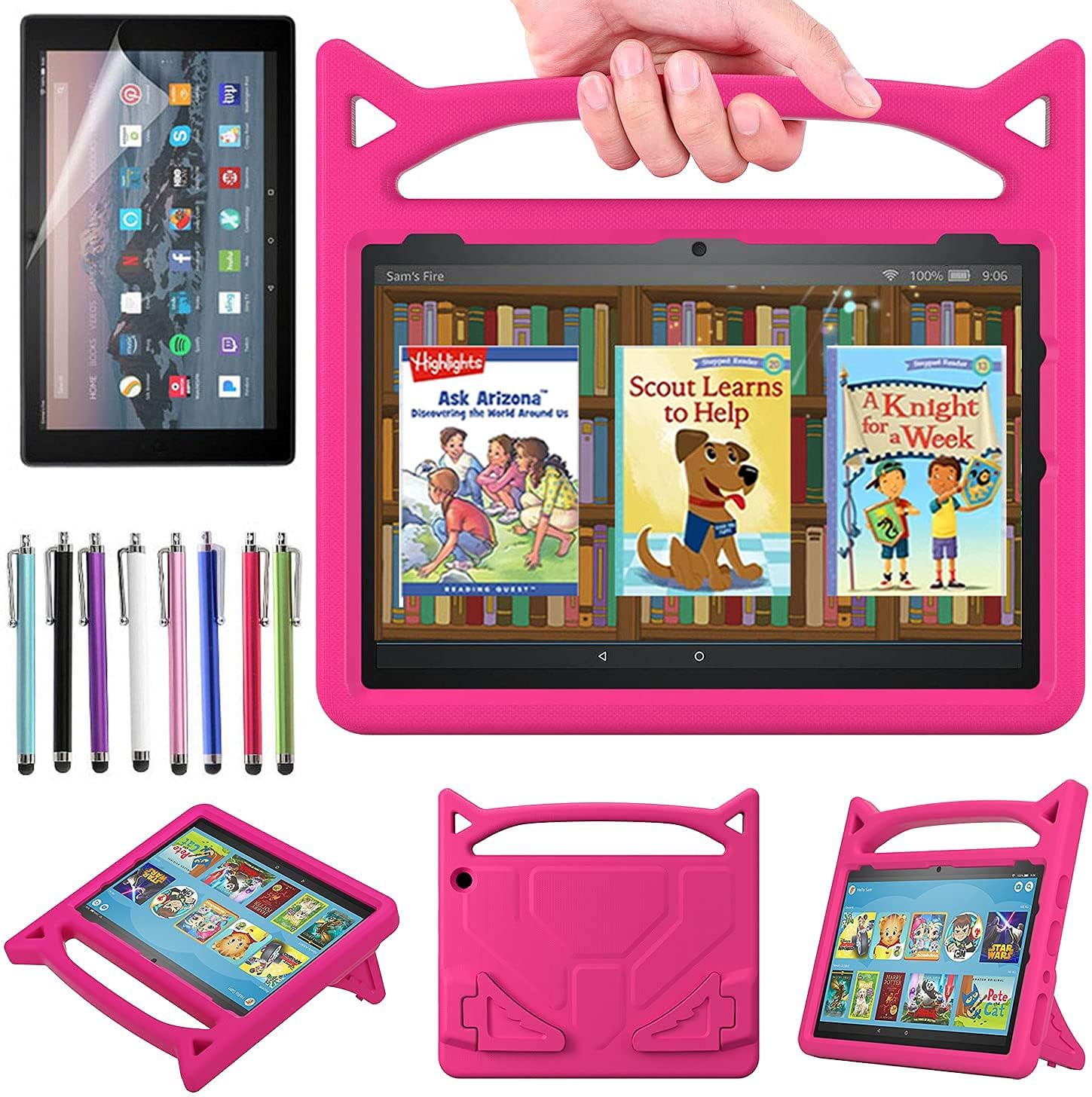 Epicgadget Case for Amazon Fire HD 10 and Fire HD 10 Plus (11th Generation, 2021 Released) - Lightweight Shockproof Kickstand Handle Kids Cover Case + 1 Screen Protector and 1 Stylus (Pink)