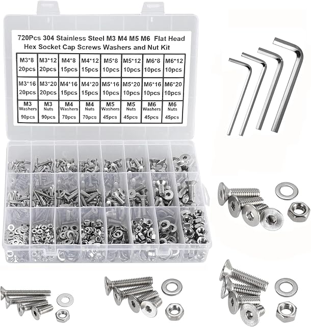 FandWay 720Pcs M3 M4 M5 M6 Flat Head Hex Socket Cap Screws, 304 Stainless Steel Hex Socket Countersunk Machine Screw,Bolt Nut Flat Washers Assortment Set with 4 Wrench and Storage Case.