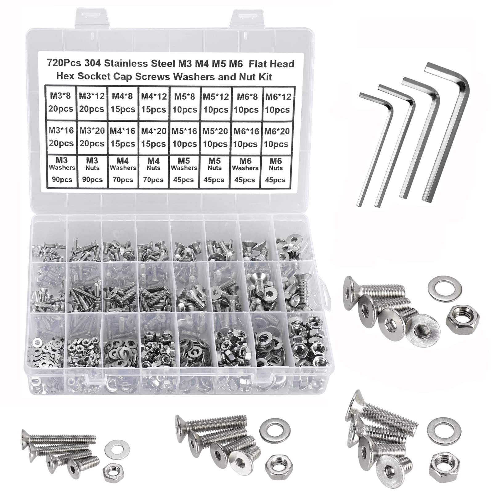 720Pcs Bolts and Nuts Set,M3 M4 M5 M6 Countersunk Machine Screws,DIN 7991 Allen Screws,304 Stainless Steel Hex Bolts and Washers Set Fully Threaded With 4 Allen Key.