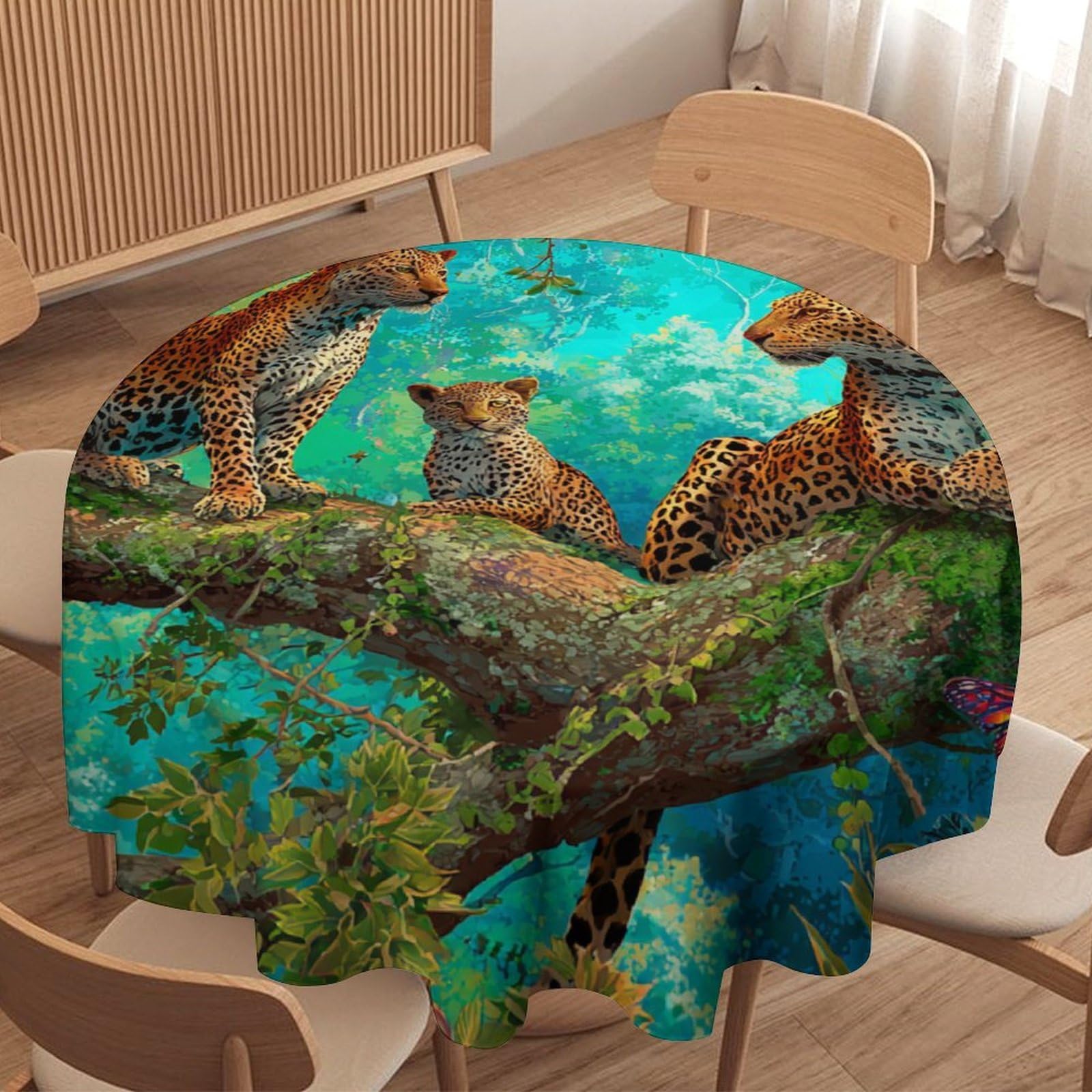 LUYYSKY Vintage Abstract Leopard Waterproof Round Tablecloth Colorful Watercolor Plants Tree Animal Cheetah Butterflies Washable Table Cover for Kitchen-127 Wx127 L cm
