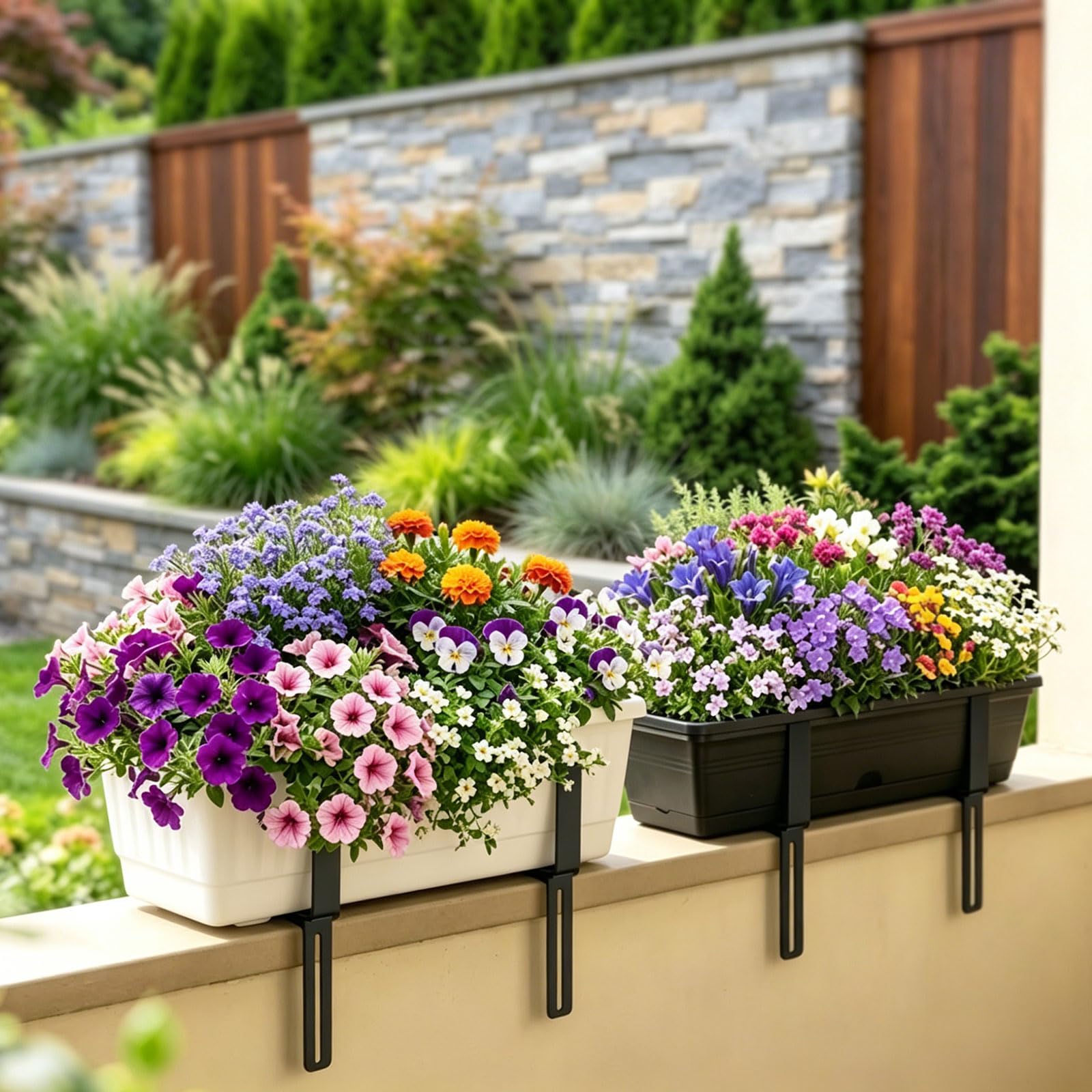 2er H-Form Blumenkastenhalterung für Balkongeländer, Ohne Bohren, 2-Fach Verstellbar,Passend für Balkonkasten 15–23 cm und Geländer 1,5–32 cm, Stabiler MetallBalkonkasten Halter (Schwarz, 4)
